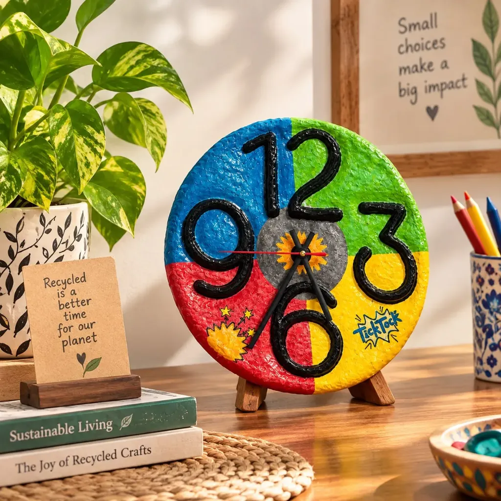 Recycled Pop-Art Rainbow Clock – 11"